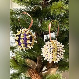 Set of 2 Handmade Vintage Style Push Pin Christmas Ball Ornaments Sequins Pearls